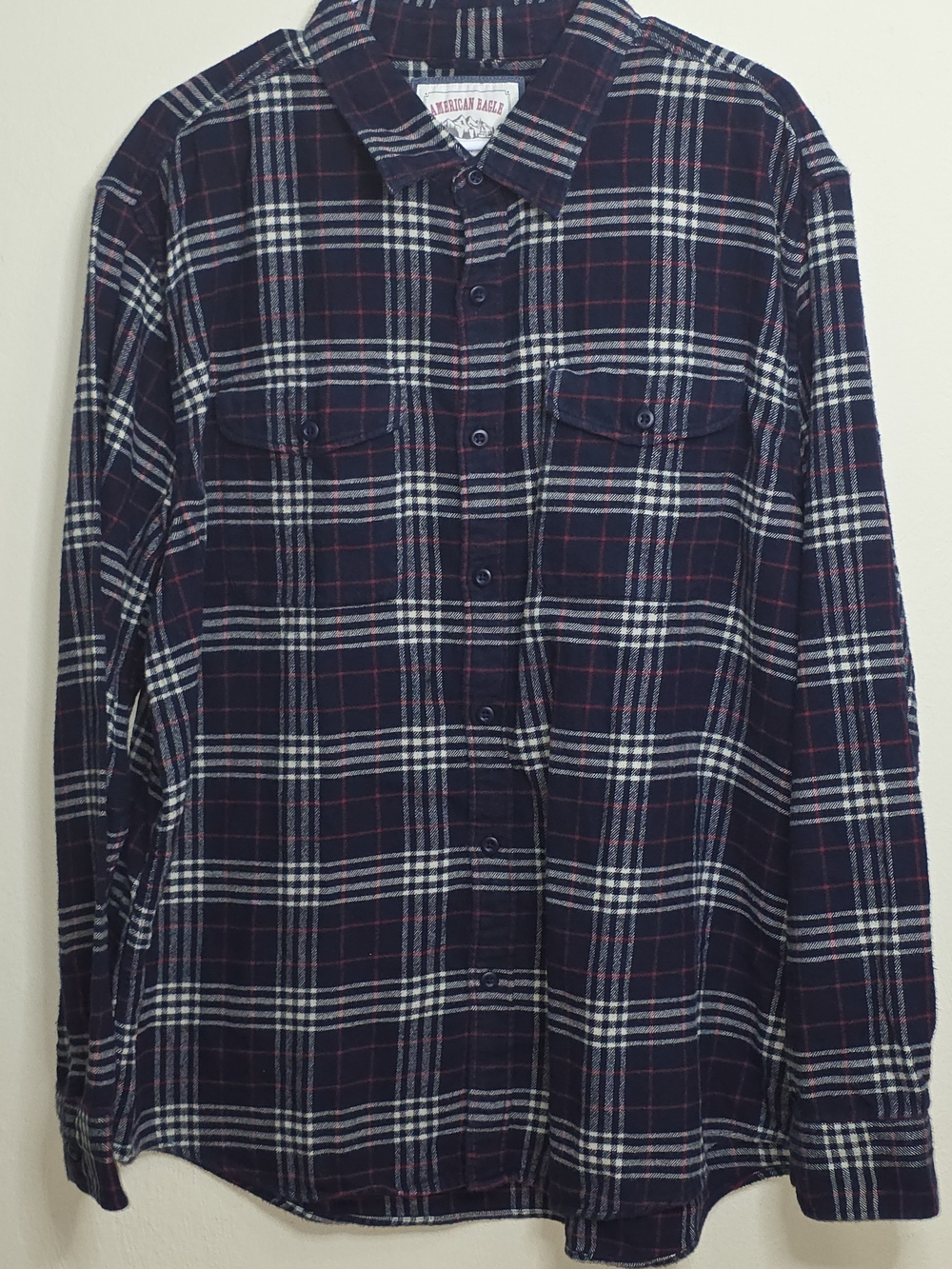 American Eagle Outfitters Navy Plaid Button-Down Shirt with White & Red Accents